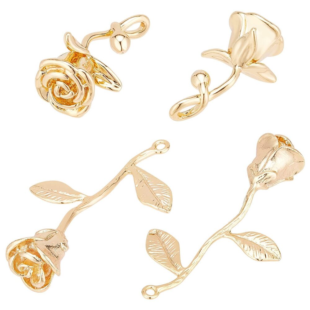8773 12Pcs 2 Style 18K Gold Plated Rose Charms, Brass Elegant 3D Rose